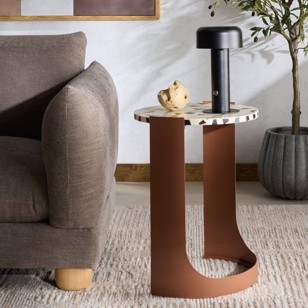 Safavieh TOMLINSON Elegant Brown Resin Top Accent Table with White Iron Frame for Stylish Interiors SFV6805B