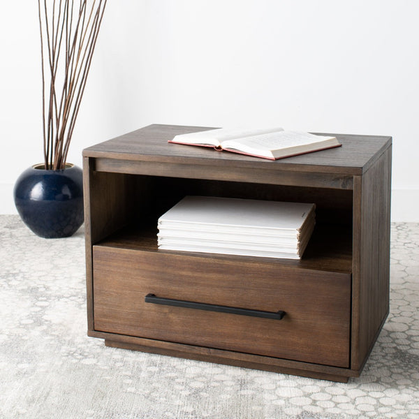 Safavieh POESY Modern 1-Drawer Nightstand - Stylish Acacia Wood Bedside Table for Contemporary Interiors Dark Chocolate SFV7200A