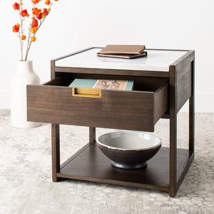 Safavieh ADELINE One-Drawer Nightstand with Marble Top and Antique Brass for Modern Bedroom Elegance Dark Chocolate SFV7202A