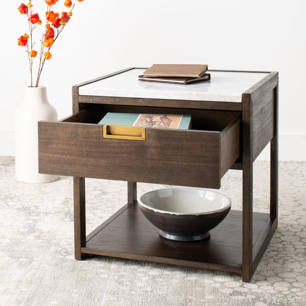 Safavieh ADELINE One-Drawer Nightstand with Marble Top and Antique Brass for Modern Bedroom Elegance Dark Chocolate SFV7202A