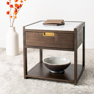 Safavieh ADELINE One-Drawer Nightstand with Marble Top and Antique Brass for Modern Bedroom Elegance Dark Chocolate SFV7202A