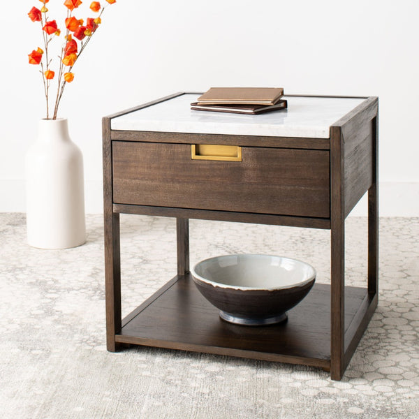 Safavieh ADELINE One-Drawer Nightstand with Marble Top and Antique Brass for Modern Bedroom Elegance Dark Chocolate SFV7202A