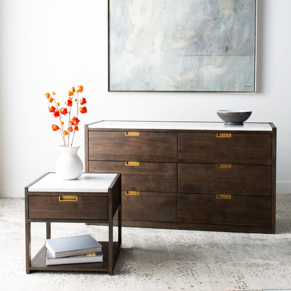 Safavieh ADELINE One-Drawer Nightstand with Marble Top and Antique Brass for Modern Bedroom Elegance Dark Chocolate SFV7202A