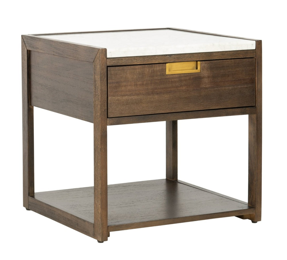 Safavieh ADELINE One-Drawer Nightstand with Marble Top and Antique Brass for Modern Bedroom Elegance Dark Chocolate SFV7202A
