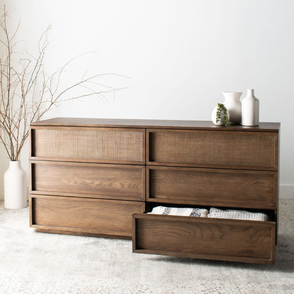 Safavieh ZEUS 6-Drawer Wood Dresser in Medium Oak - Modern Minimalism Meets Durable Craftsmanship for Storage SFV7204A