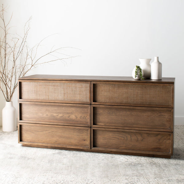 Safavieh ZEUS 6-Drawer Wood Dresser in Medium Oak - Modern Minimalism Meets Durable Craftsmanship for Storage SFV7204A