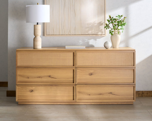 Zeus Six Drawer Wood Dresser With Framed Fronts — Contemporary Durable Storage, Spacious 63" Wide
