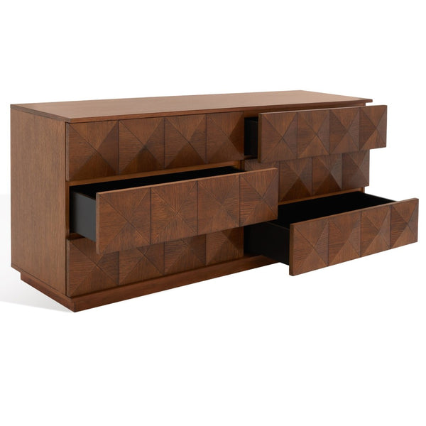 Safavieh PATTY 6-Drawer Dresser - Sculptural Contemporary Design with Spacious Storage for Modern Bedrooms Walnut SFV7206B