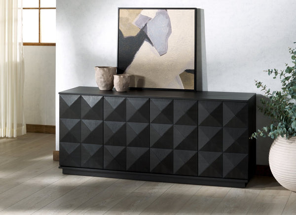 Safavieh PATTY 4-Door Sideboard - Modern Black Oak Storage Unit with Sculptural Diamond Relief Design SFV7225A