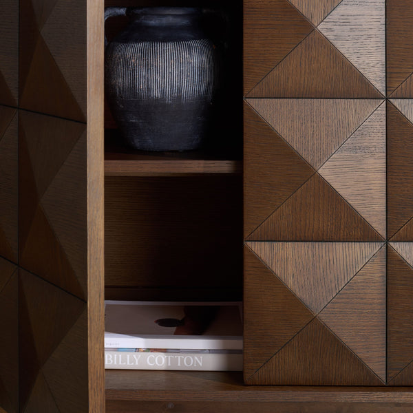 Patty Sculptural 4-Door Sideboard With Diamond-Relief Facade, Warm Wood Veneer, Spacious Storage