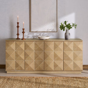 Patty Sculptural 4-Door Sideboard With Diamond-Relief Facade, Warm Wood Veneer, Spacious Storage