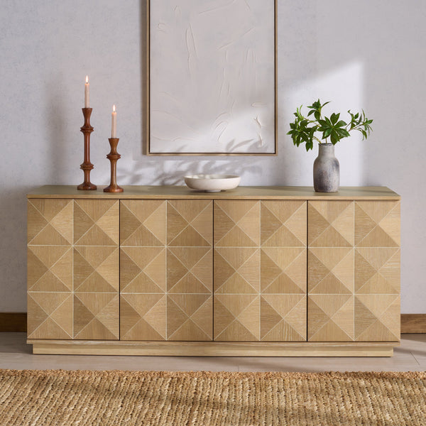 Patty Sculptural 4-Door Sideboard With Diamond-Relief Facade, Warm Wood Veneer, Spacious Storage
