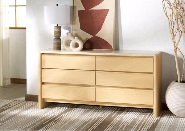 Safavieh BELLAROSE Dresser - Artisan Natural Travertine with Warm Ashwood, Six Spacious Drawers for Storage SFV7226A