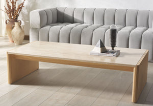 Safavieh BELLAROSE Travertine Coffee Table – Elegant Organic Design with Curved Ashwood Legs, 59" Wide SFV7228A