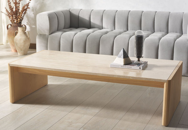 Safavieh BELLAROSE Travertine Coffee Table – Elegant Organic Design with Curved Ashwood Legs, 59" Wide SFV7228A
