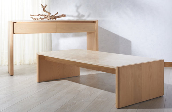 Safavieh BELLAROSE Travertine Coffee Table – Elegant Organic Design with Curved Ashwood Legs, 59" Wide SFV7228A