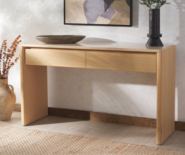 Safavieh BELLAROSE Console Table - Natural Travertine with Drawers for Stylish Entryway & Living Space Decor SFV7230A