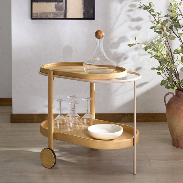 Trianna Wood Oval 2-Shelf Bar Cart — Rustic Metal & Wood Serving Cart With Compact Oval Profile, Stylish Storage