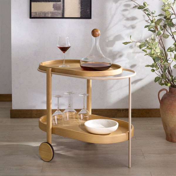 Trianna Wood Oval 2-Shelf Bar Cart — Rustic Metal & Wood Serving Cart With Compact Oval Profile, Stylish Storage