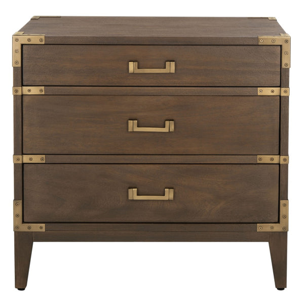 Safavieh NISHA 3-Drawer Wood Nightstand – Stylish Storage Solution with Metal Accents for Any Bedroom Decor Brown SFV7708A