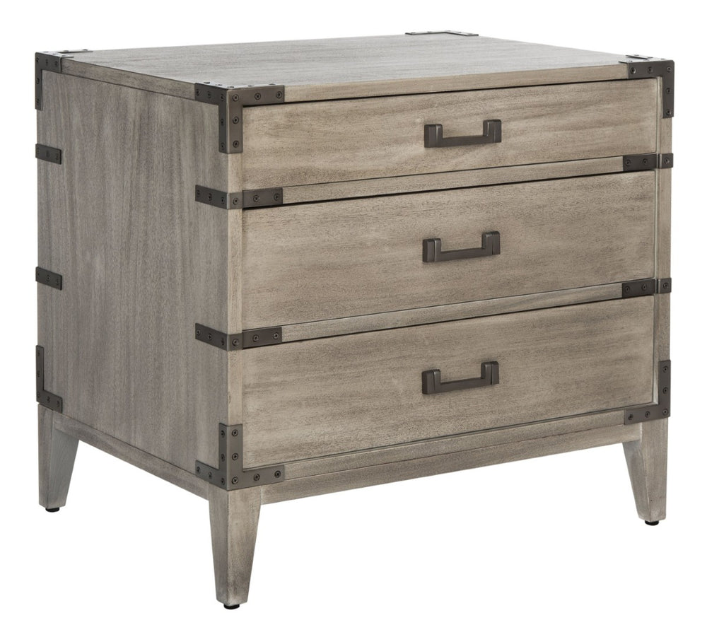 Safavieh NISHA 3-Drawer Wood Nightstand – Stylish Storage Solution with Metal Accents for Any Bedroom Decor Light Grey SFV7708C
