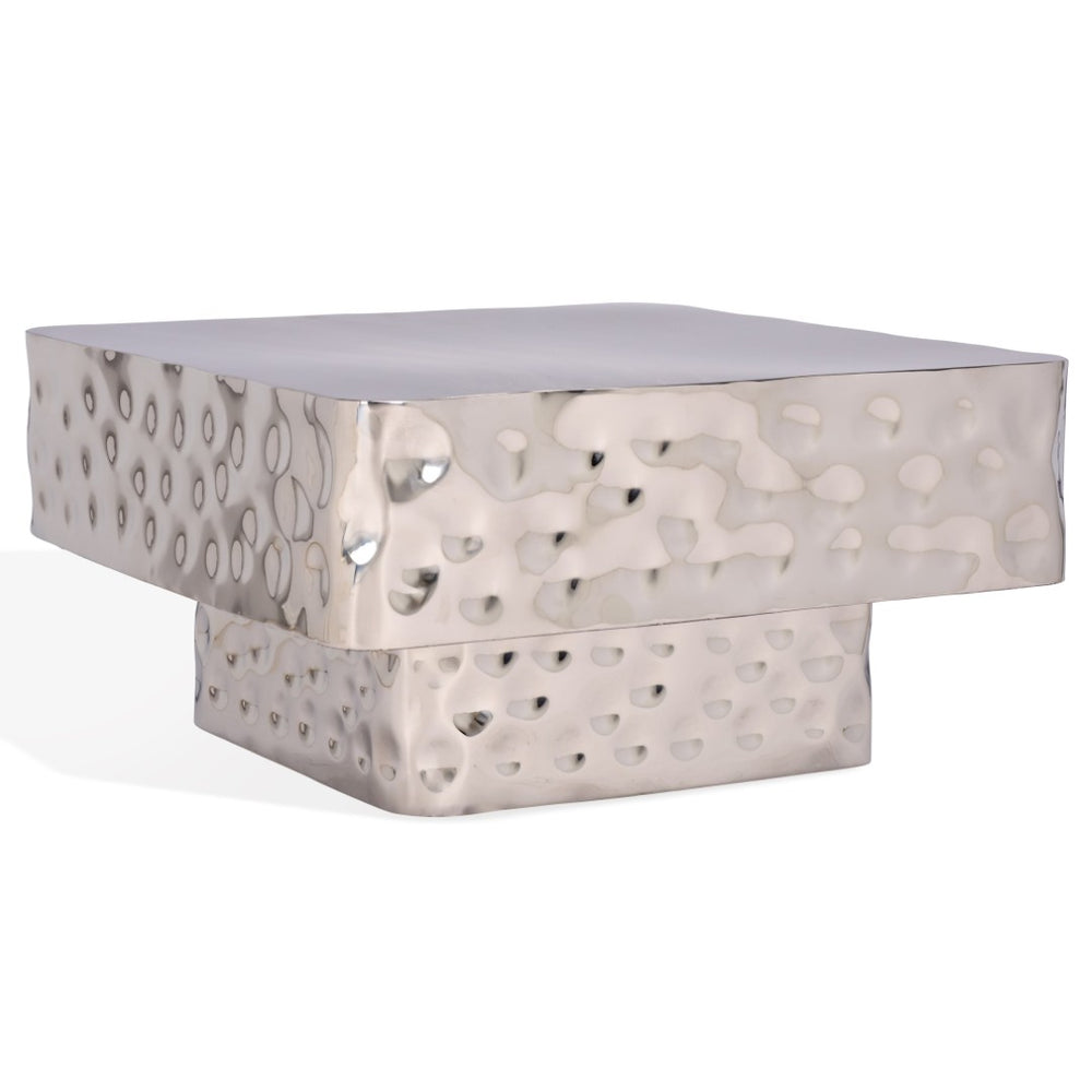 Safavieh JANALEE Hammered Steel Square Coffee Table – Industrial Elegance for Modern Living Room Decor Stainles Silver SFV7914A