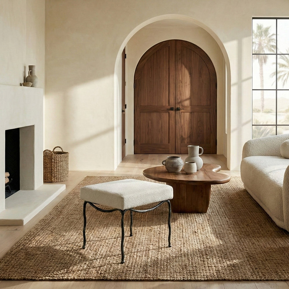 Lacarla Boucle Ottoman With Matte Metal Legs - Plush Ivory Texture, Compact Accent Seat For Living Rooms