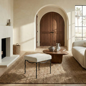 Lacarla Boucle Ottoman With Matte Metal Legs - Plush Ivory Texture, Compact Accent Seat For Living Rooms