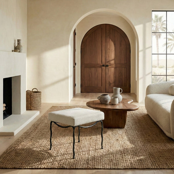 Lacarla Boucle Ottoman With Matte Metal Legs - Plush Ivory Texture, Compact Accent Seat For Living Rooms