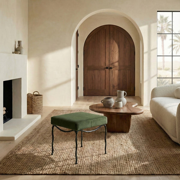 Lacarla Boucle Ottoman With Matte Metal Legs - Plush Ivory Texture, Compact Accent Seat For Living Rooms