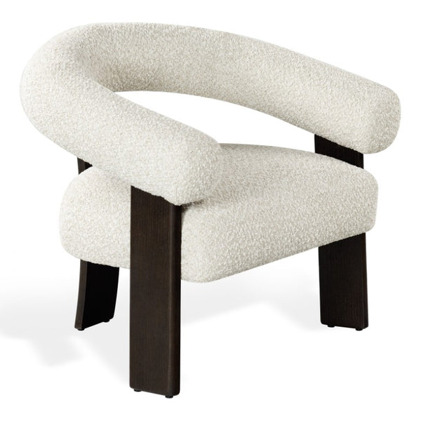 Safavieh Noelani Curved Back Accent Chair Beige Fabric Dark Walnut Frame Mid Century Modern SFV8801A