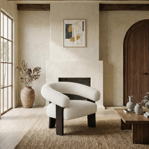 Safavieh Noelani Curved Back Accent Chair Beige Fabric Dark Walnut Frame Mid Century Modern SFV8801A