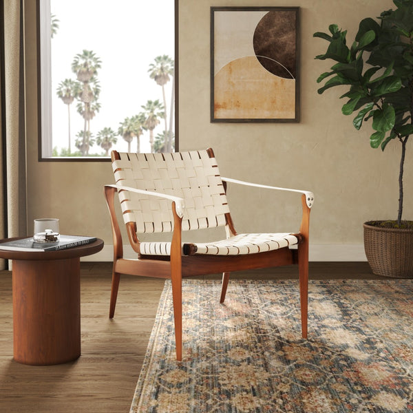 Safavieh DILAN Leather Safari Chair - Modern Mid-Century Design with Woven Straps for Elegant Living Spaces Cream / Light Brown SFV9005A