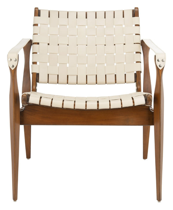 Safavieh DILAN Leather Safari Chair - Modern Mid-Century Design with Woven Straps for Elegant Living Spaces Cream / Light Brown SFV9005A