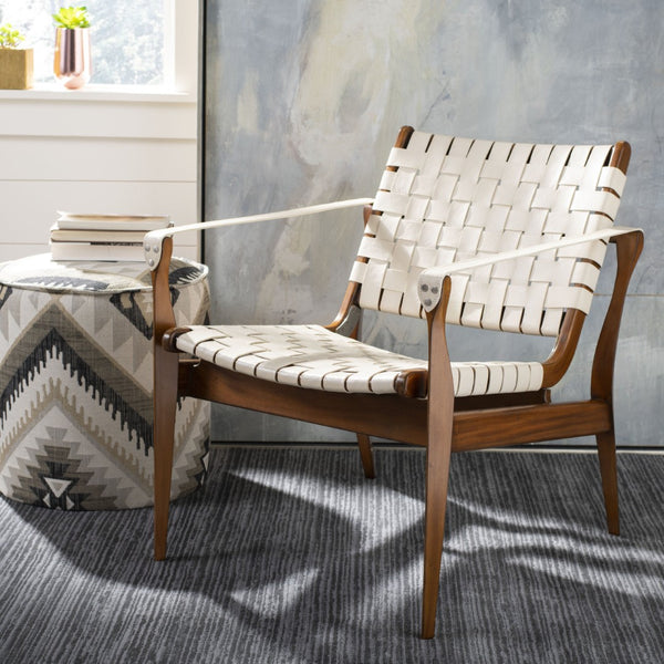 Safavieh DILAN Leather Safari Chair - Modern Mid-Century Design with Woven Straps for Elegant Living Spaces Cream / Light Brown SFV9005A