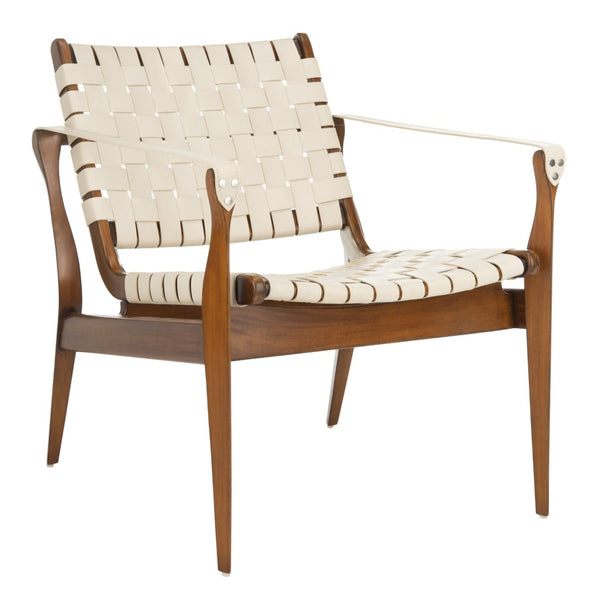 Safavieh DILAN Leather Safari Chair - Modern Mid-Century Design with Woven Straps for Elegant Living Spaces Cream / Light Brown SFV9005A
