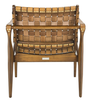 Safavieh DILAN Leather Safari Chair - Modern Mid-Century Design with Woven Straps for Elegant Living Spaces Light Brown / Brown SFV9005B