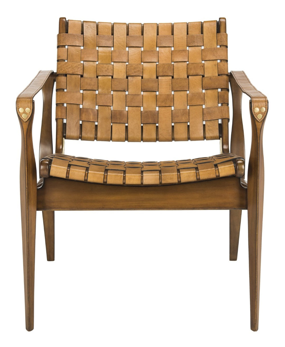 Safavieh DILAN Leather Safari Chair - Modern Mid-Century Design with Woven Straps for Elegant Living Spaces Light Brown / Brown SFV9005B