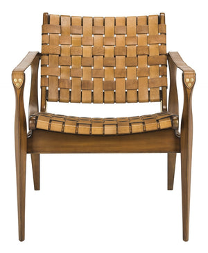 Safavieh DILAN Leather Safari Chair - Modern Mid-Century Design with Woven Straps for Elegant Living Spaces Light Brown / Brown SFV9005B