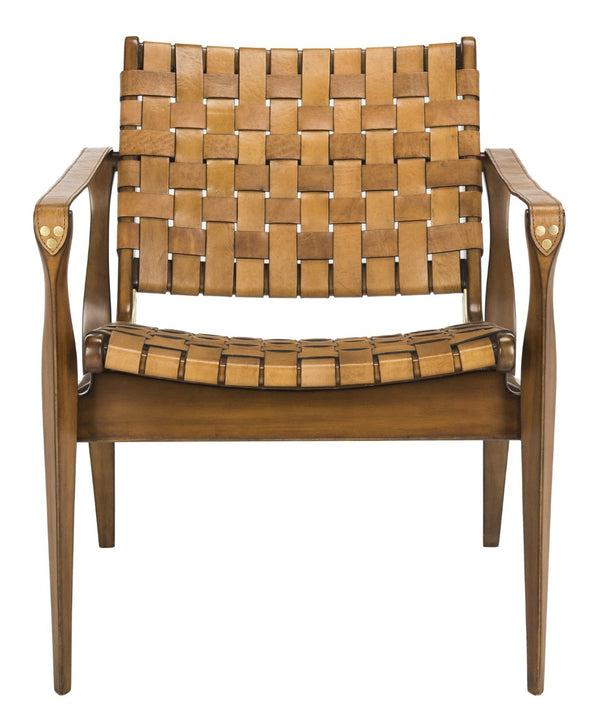 Safavieh DILAN Leather Safari Chair - Modern Mid-Century Design with Woven Straps for Elegant Living Spaces Light Brown / Brown SFV9005B