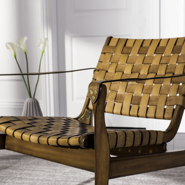 Safavieh DILAN Leather Safari Chair - Modern Mid-Century Design with Woven Straps for Elegant Living Spaces Light Brown / Brown SFV9005B