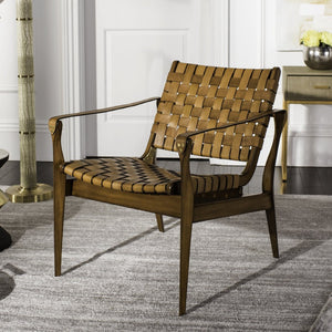 Safavieh DILAN Leather Safari Chair - Modern Mid-Century Design with Woven Straps for Elegant Living Spaces Light Brown / Brown SFV9005B
