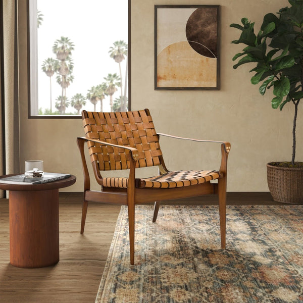 Safavieh DILAN Leather Safari Chair - Modern Mid-Century Design with Woven Straps for Elegant Living Spaces Light Brown / Brown SFV9005B