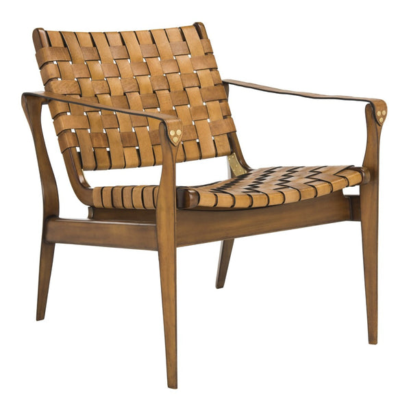 Safavieh DILAN Leather Safari Chair - Modern Mid-Century Design with Woven Straps for Elegant Living Spaces Light Brown / Brown SFV9005B