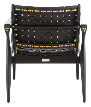 Safavieh DILAN Leather Safari Chair - Modern Mid-Century Design with Woven Straps for Elegant Living Spaces Black / Black SFV9005C