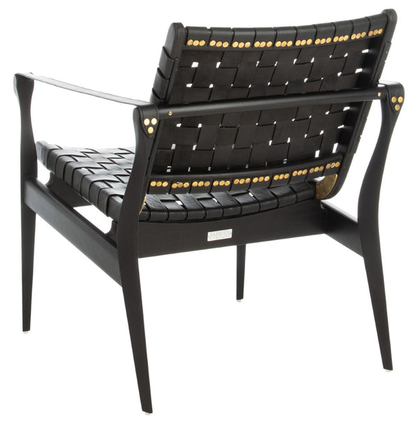 Safavieh DILAN Leather Safari Chair - Modern Mid-Century Design with Woven Straps for Elegant Living Spaces Black / Black SFV9005C