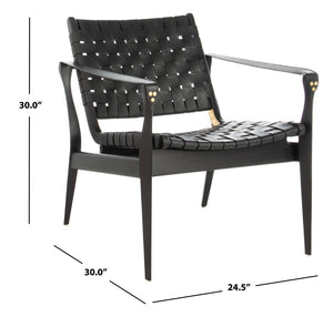 Safavieh DILAN Leather Safari Chair - Modern Mid-Century Design with Woven Straps for Elegant Living Spaces Black / Black SFV9005C