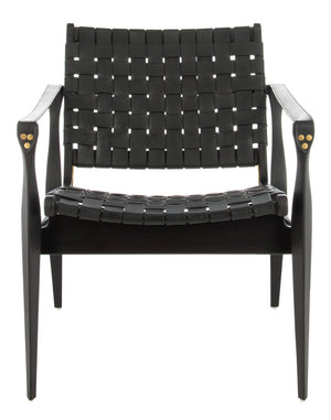 Safavieh DILAN Leather Safari Chair - Modern Mid-Century Design with Woven Straps for Elegant Living Spaces Black / Black SFV9005C