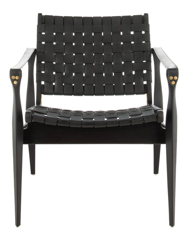 Safavieh DILAN Leather Safari Chair - Modern Mid-Century Design with Woven Straps for Elegant Living Spaces Black / Black SFV9005C
