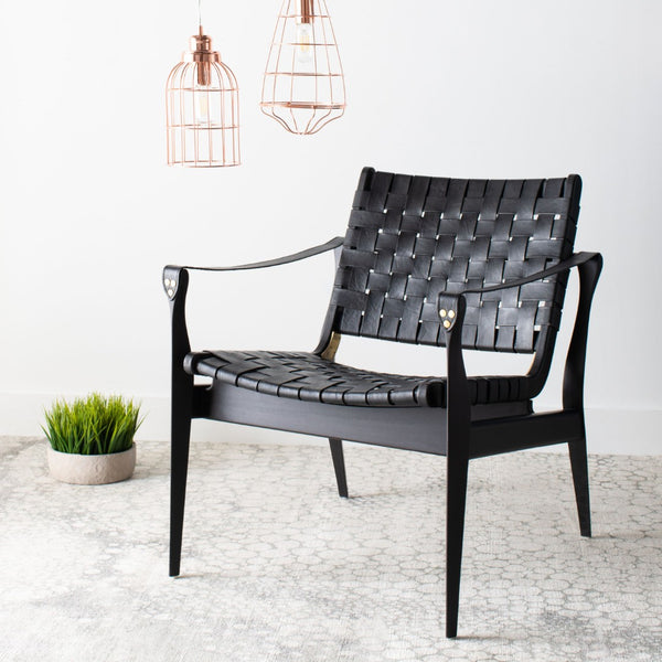 Safavieh DILAN Leather Safari Chair - Modern Mid-Century Design with Woven Straps for Elegant Living Spaces Black / Black SFV9005C